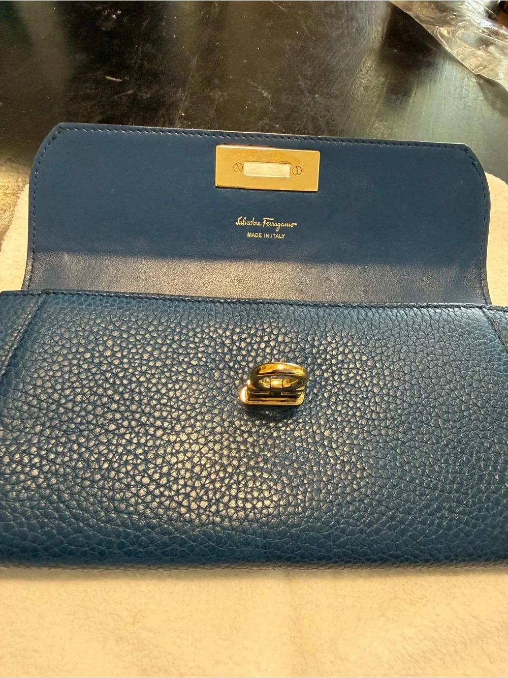 Salvatore Ferragamo Gancini Pebbled Calfskin Continental Long Wallet - Teal Blue
